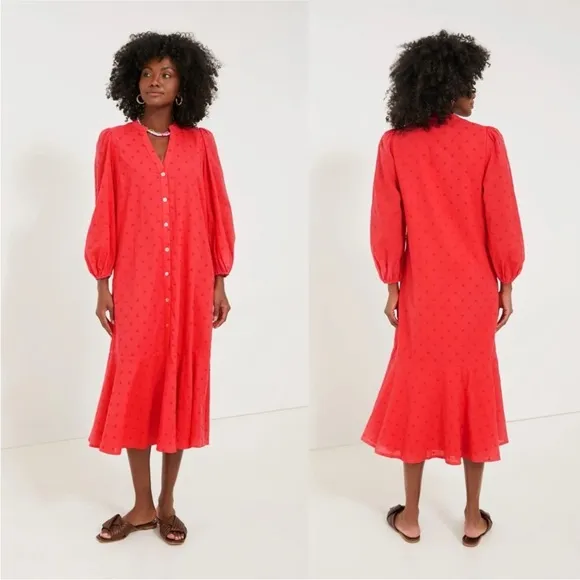 Tuckernuck Pomander Place Rosso Red Leila Maxi Dress Coral Swiss Dot Size Small