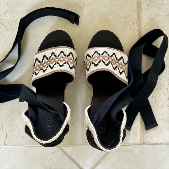 UGG Abbot Ankle-Tie Espadrille Platform Wedge Sandals