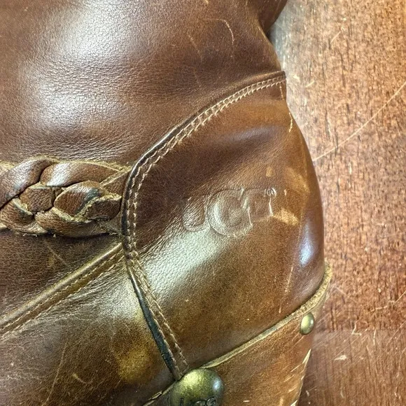 UGG Savanna Knee High Clog Boots Size 8 Brown Leather Shearling Lined Studded