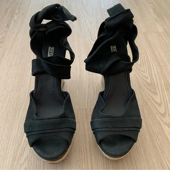 Uggs espadrille wedge leather ankle wrap sandals