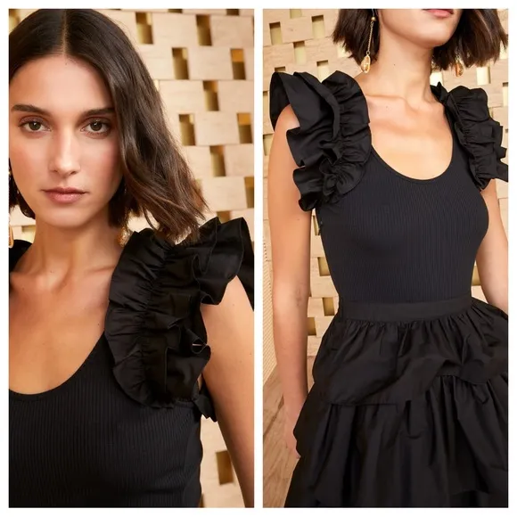 Ulla Johnson Black Hanna Sleeveless Tiered Ruffle Skirt Dress Sz 10