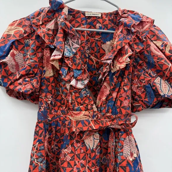 Ulla Johnson Maude Short Puff Sleeve Floral Wrap Mini Dress in Hibiscus Sz 0