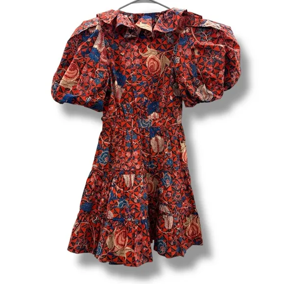 Ulla Johnson Maude Short Puff Sleeve Floral Wrap Mini Dress in Hibiscus Sz 0