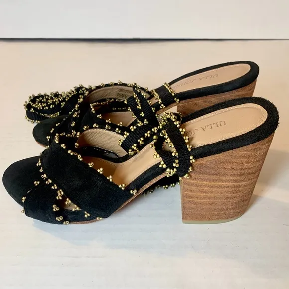ULLA JOHNSON Rowena Sandals Suede Beaded Ankle Wrap Tie Block Heel Shoes 38 8