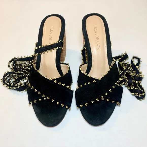 ULLA JOHNSON Rowena Sandals Suede Beaded Ankle Wrap Tie Block Heel Shoes 38 8