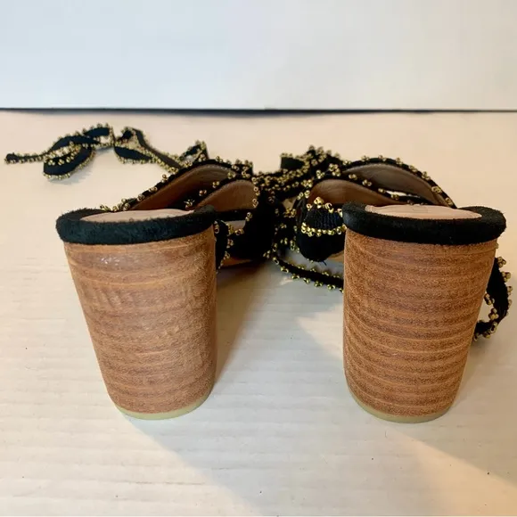 ULLA JOHNSON Rowena Sandals Suede Beaded Ankle Wrap Tie Block Heel Shoes 38 8