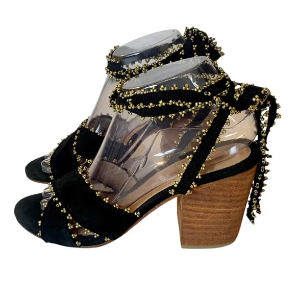 ULLA JOHNSON Rowena Sandals Suede Beaded Ankle Wrap Tie Block Heel Shoes 38 8