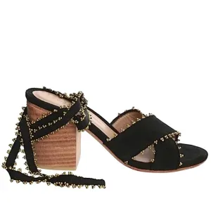 ULLA JOHNSON Rowena Sandals Suede Beaded Ankle Wrap Tie Block Heel Shoes 38 8