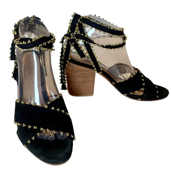 ULLA JOHNSON Rowena Sandals Suede Beaded Ankle Wrap Tie Block Heel Shoes 38 8