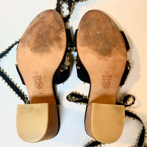 ULLA JOHNSON Rowena Sandals Suede Beaded Ankle Wrap Tie Block Heel Shoes 38 8