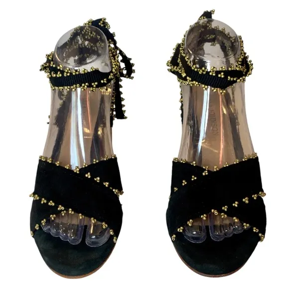 ULLA JOHNSON Rowena Sandals Suede Beaded Ankle Wrap Tie Block Heel Shoes 38 8