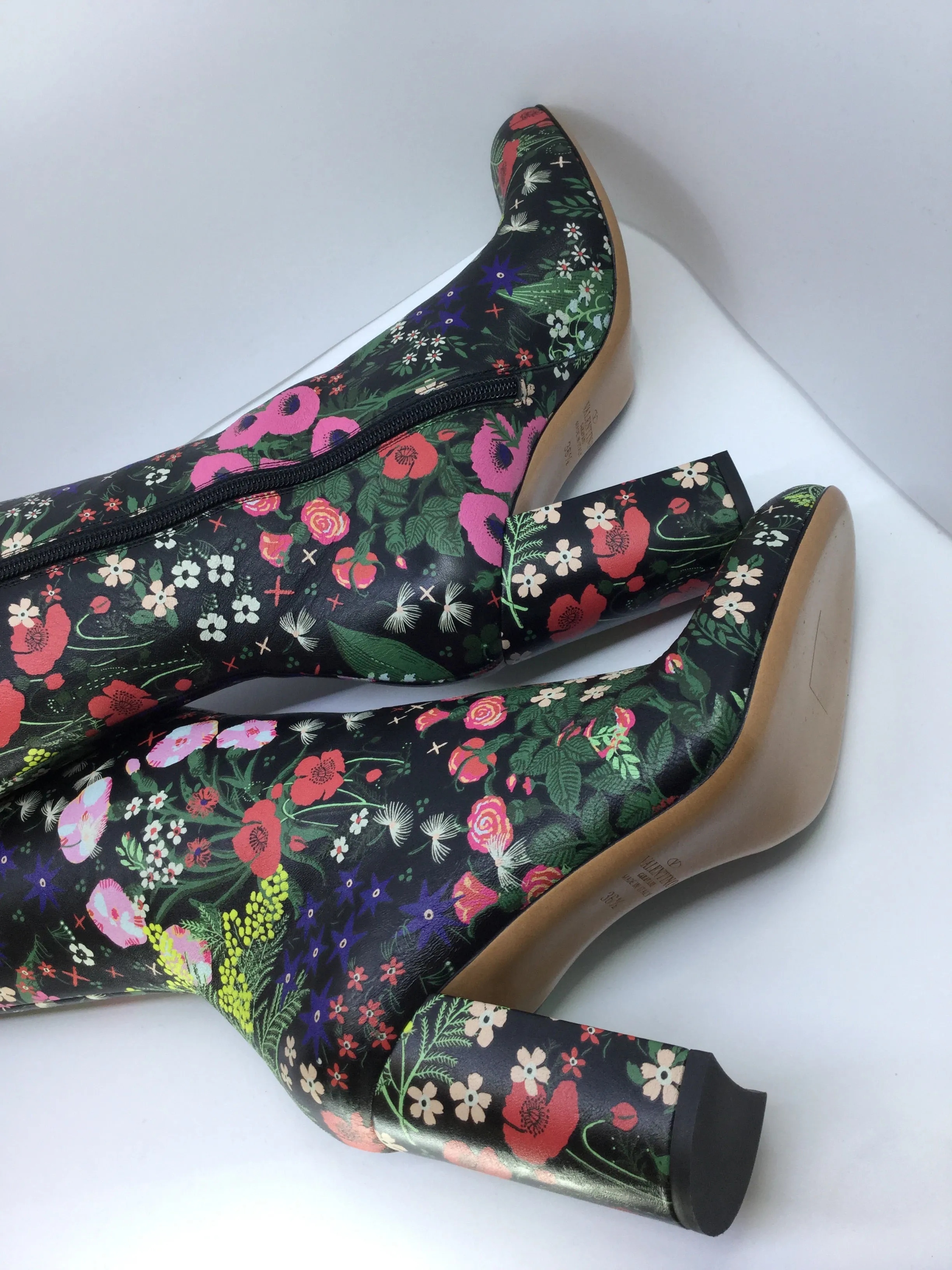 VALENTINO BLACK SPRING GARDEN BROCADE KNEE HIGH BOOTS