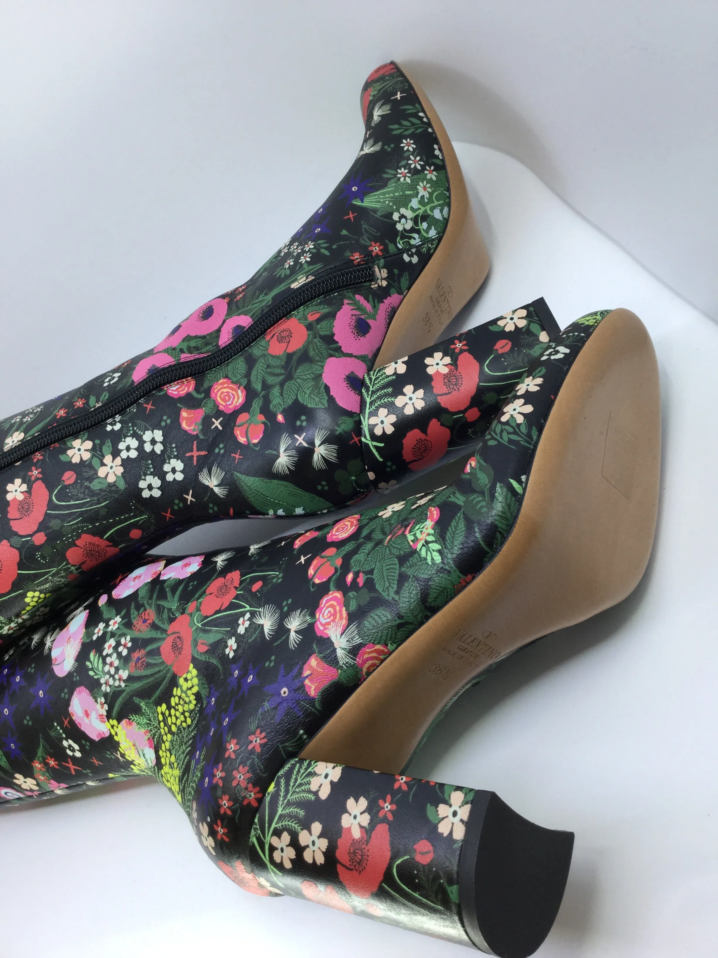 VALENTINO BLACK SPRING GARDEN BROCADE KNEE HIGH BOOTS