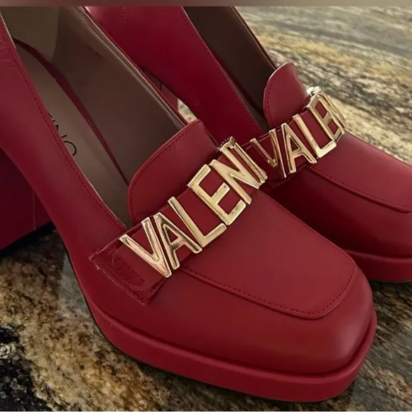 Valentino Red Heeled Loafers with Gold Logo