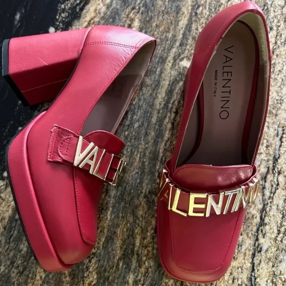 Valentino Red Heeled Loafers with Gold Logo