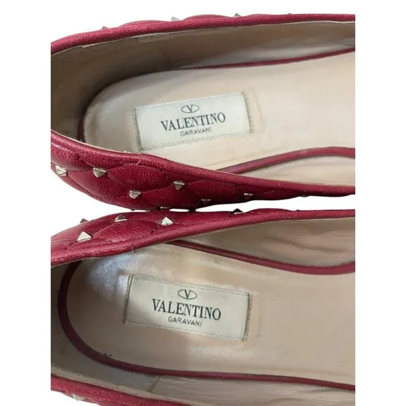 Valentino Red Quilted Leather Rockstud Spike Pointed Toe Ballet Flats Size 39.5