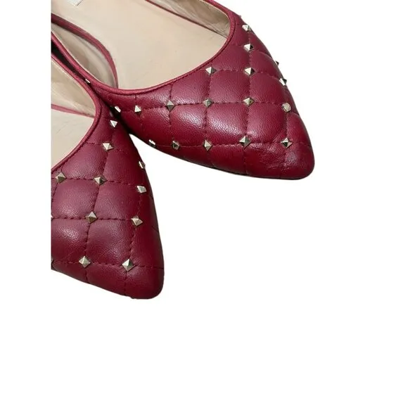 Valentino Red Quilted Leather Rockstud Spike Pointed Toe Ballet Flats Size 39.5