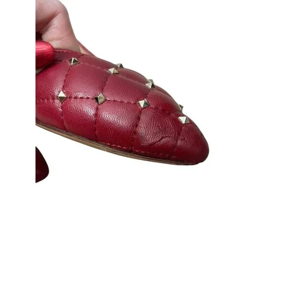 Valentino Red Quilted Leather Rockstud Spike Pointed Toe Ballet Flats Size 39.5