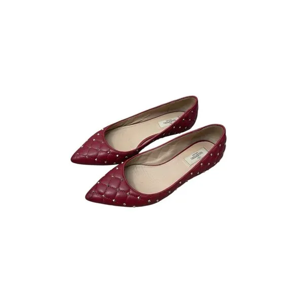 Valentino Red Quilted Leather Rockstud Spike Pointed Toe Ballet Flats Size 39.5
