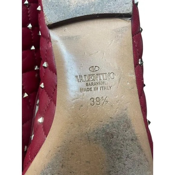 Valentino Red Quilted Leather Rockstud Spike Pointed Toe Ballet Flats Size 39.5