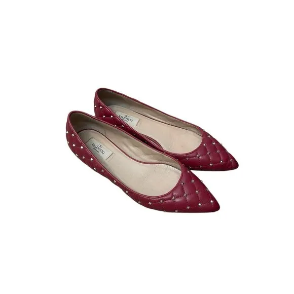 Valentino Red Quilted Leather Rockstud Spike Pointed Toe Ballet Flats Size 39.5
