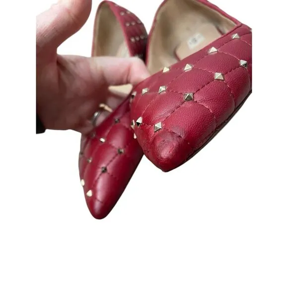 Valentino Red Quilted Leather Rockstud Spike Pointed Toe Ballet Flats Size 39.5