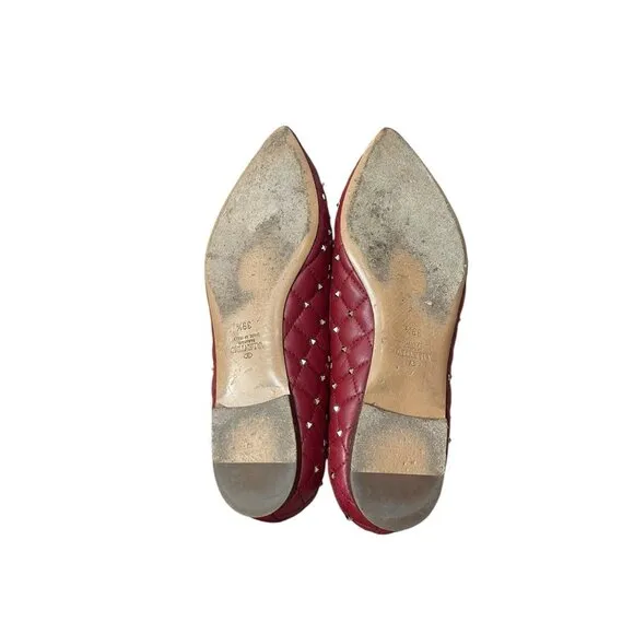 Valentino Red Quilted Leather Rockstud Spike Pointed Toe Ballet Flats Size 39.5