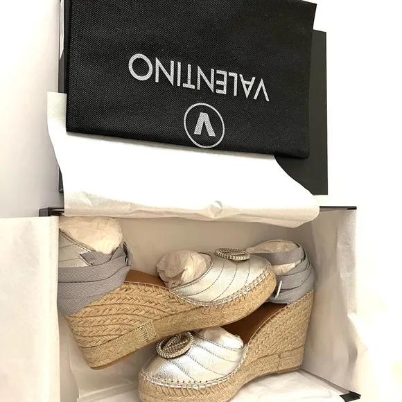 Valentino Silver Espadrille Wedge Sandals