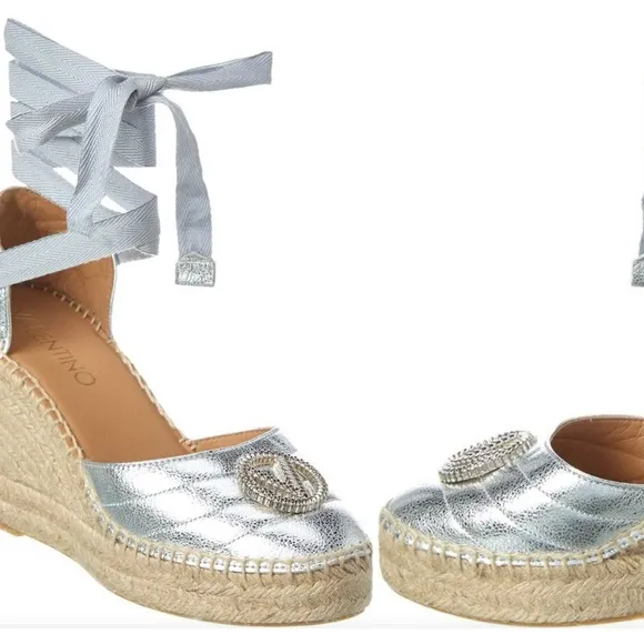 Valentino Silver Espadrille Wedge Sandals