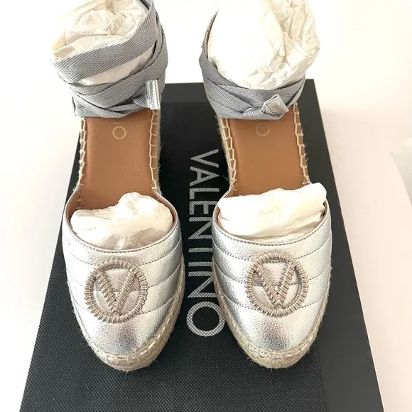 Valentino Silver Espadrille Wedge Sandals