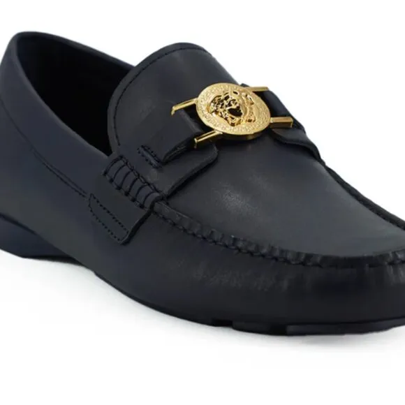 Versace Elegant Navy Blue Calf Leather Men's Loafer