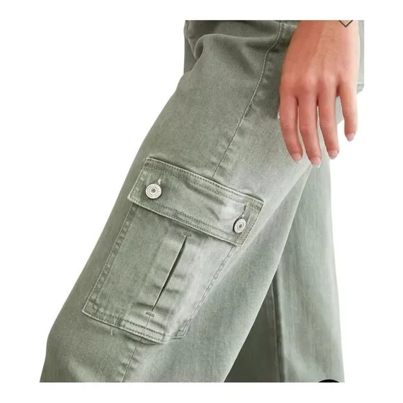 Vervet Womens High Rise Utility Green Raw Hem Cropped Wide Leg Jeans Size 31