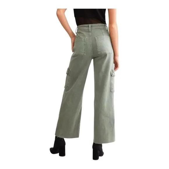 Vervet Womens High Rise Utility Green Raw Hem Cropped Wide Leg Jeans Size 31