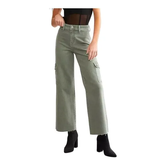 Vervet Womens High Rise Utility Green Raw Hem Cropped Wide Leg Jeans Size 31