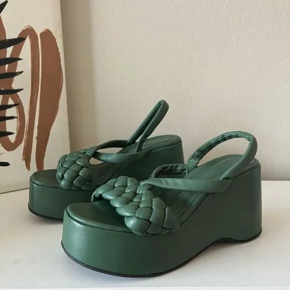 Vicenza Chunky Green Braided Leather Platform Sandals Size 7