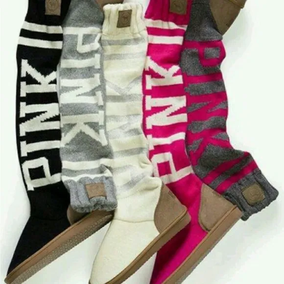 Victoria’s Secret Pink &amp; White Mukluk Cable Knit Sweater Boots Slippers Size 7/8