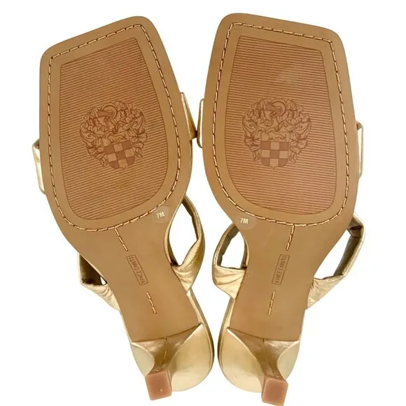 Vince Camuto Aslee Gold Metallic Two-Strap Square Toe Heeled 7 Dress Sandals