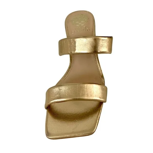 Vince Camuto Aslee Gold Metallic Two-Strap Square Toe Heeled 7 Dress Sandals