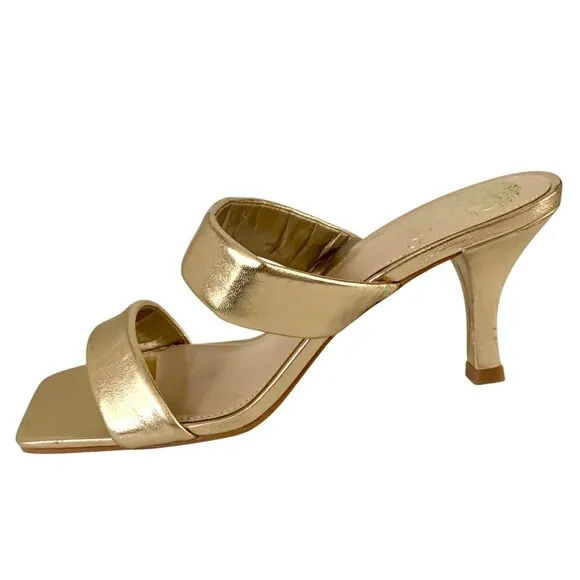 Vince Camuto Aslee Gold Metallic Two-Strap Square Toe Heeled 7 Dress Sandals