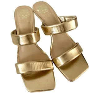 Vince Camuto Aslee Gold Metallic Two-Strap Square Toe Heeled 7 Dress Sandals