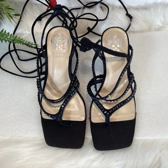 VINCE CAMUTO BLACK STUDDED GLADIATOR ANKLE  STRAP SANDALS SZ 6.5