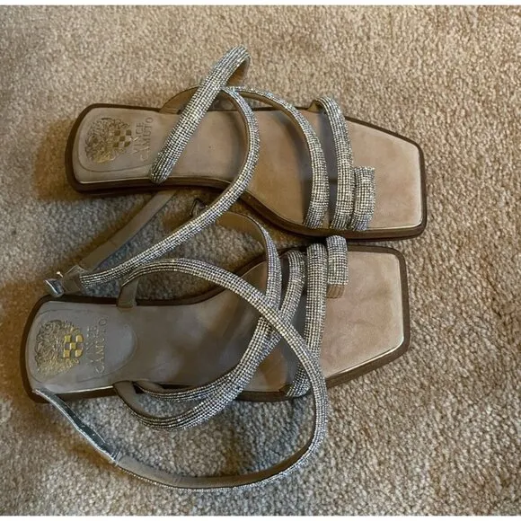Vince Camuto Pertema Silver Rhinestone Ankle Wrap Strappy Flat Sandals 7