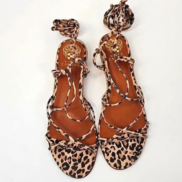 Vince Camuto Prasetta Leopard Strappy Wrap Tie Up Sandals wSmall Wedge Heel Sz:9