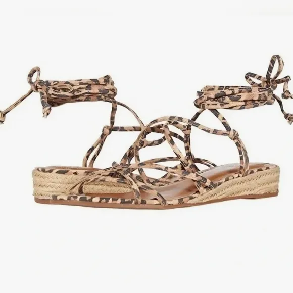 Vince Camuto Prasetta Leopard Strappy Wrap Tie Up Sandals wSmall Wedge Heel Sz:9