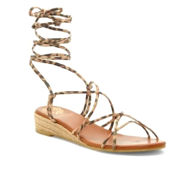 Vince Camuto Prasetta Leopard Strappy Wrap Tie Up Sandals wSmall Wedge Heel Sz:9