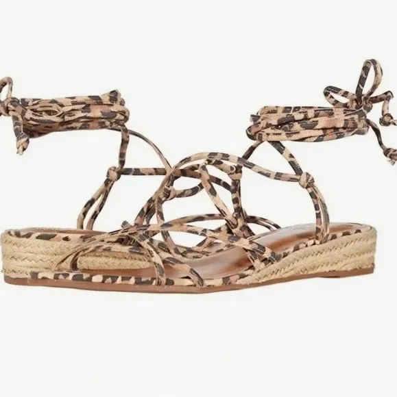 Vince Camuto Prasetta Leopard Strappy Wrap Tie Up Sandals wSmall Wedge Heel Sz:9
