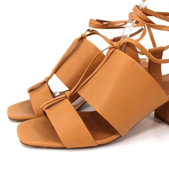 Vince Dunaway Ankle Wrap Roast Cashew Leather Heeled Sandals 39.5 NEW Block Heel