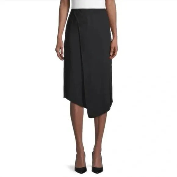 Vince Faux Wrap Knee Length Midi Silk Skirt - 2 - Black
