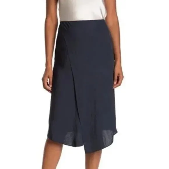Vince Faux Wrap Knee Length Midi Silk Skirt - 2 - Black