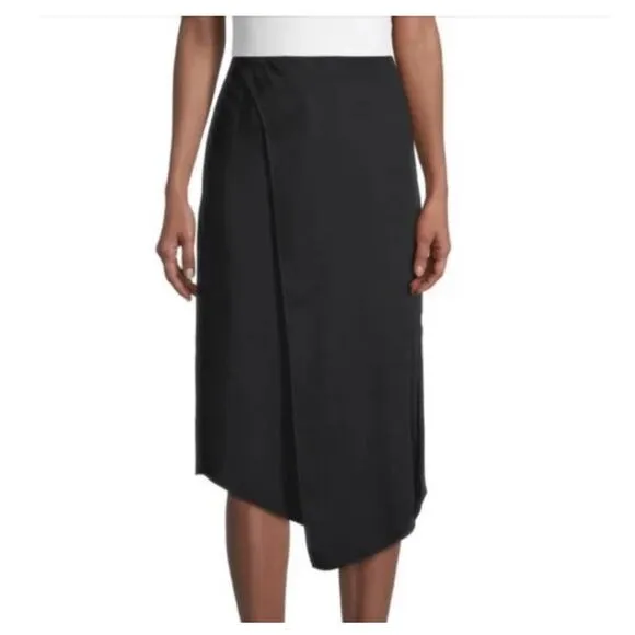 Vince Faux Wrap Knee Length Midi Silk Skirt - 2 - Black